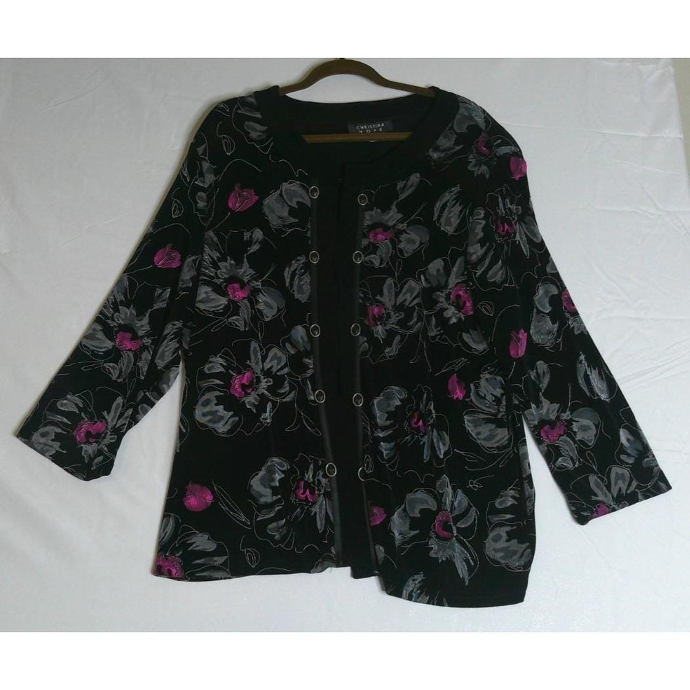 Christina Hope Womens 2X Cardigan Black Floral Open Front Ring Detail Top Chic